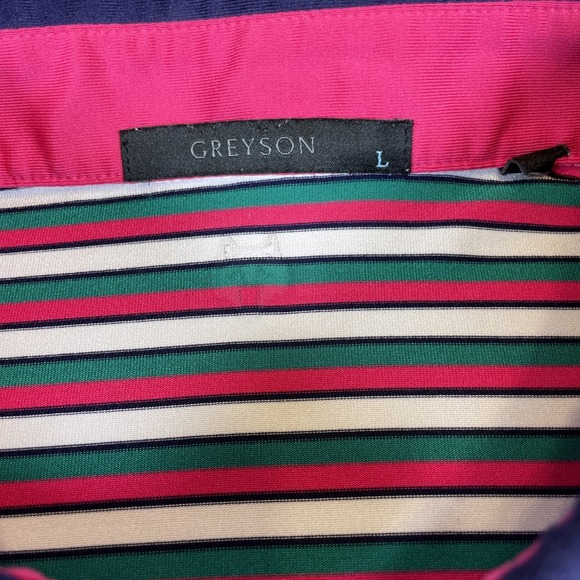 Greyson Polo Shirt Mens Large Pink Green Striped Golf Performance Short Preppy - Picture 4 of 9